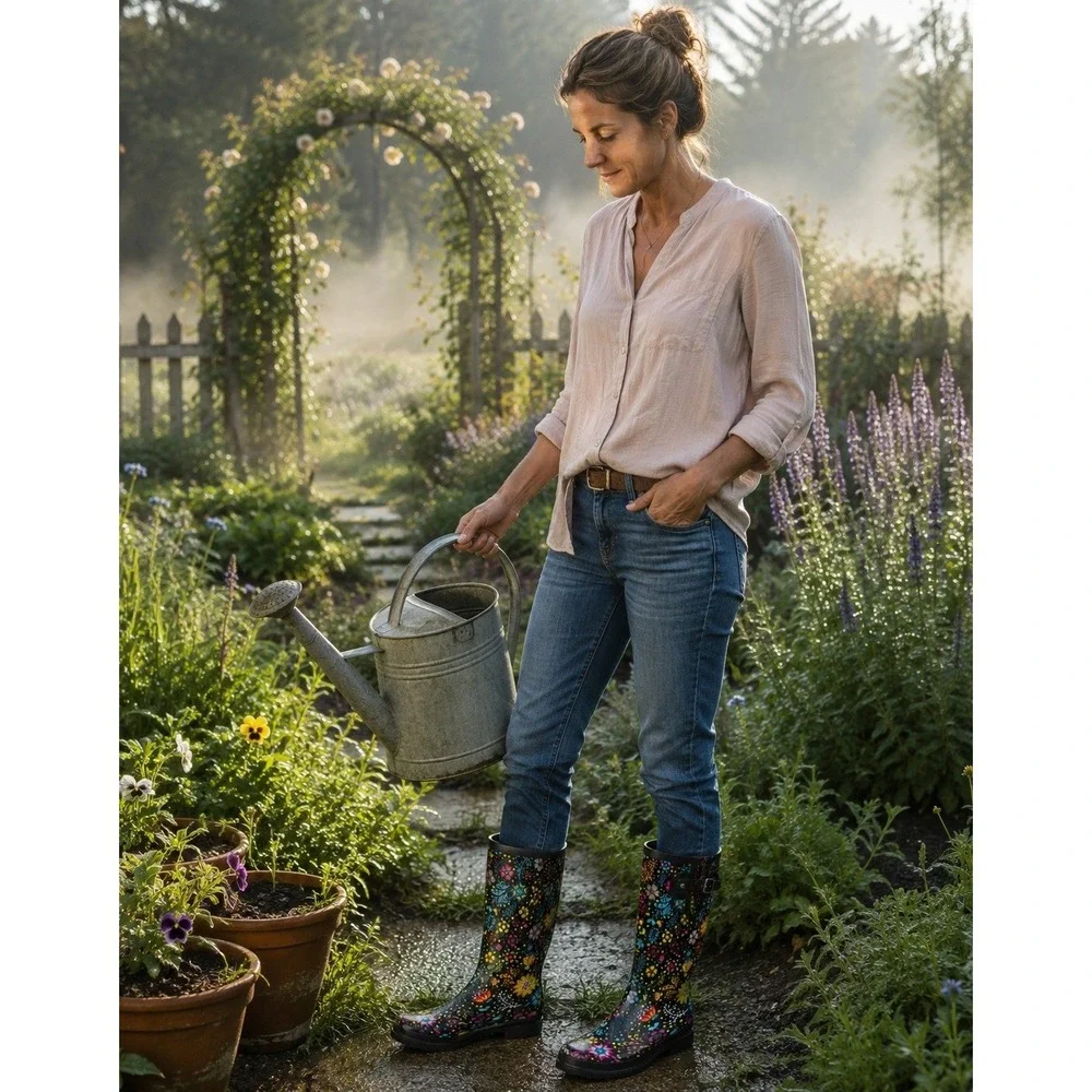Western Chief Rain Boots Size 9 Garden Black Floral Waterproof Rubber #1103